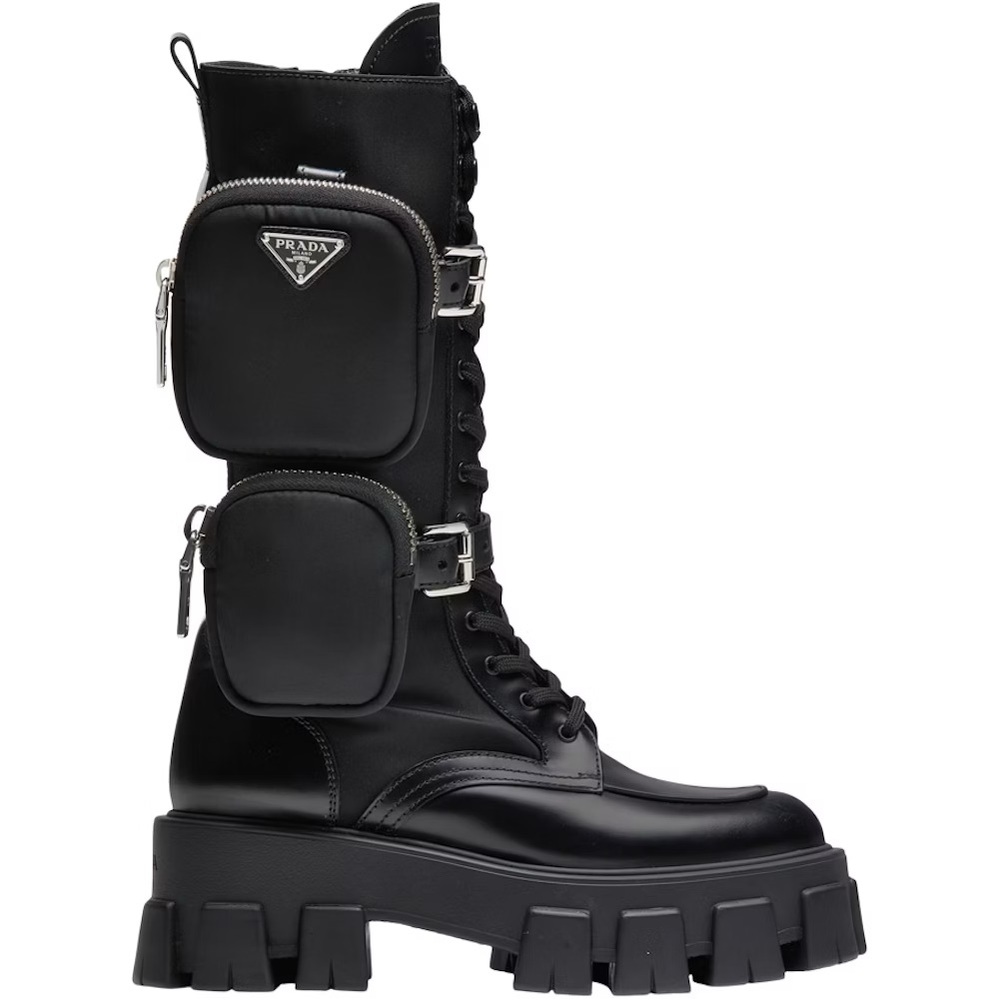 Prada Monolith Leather & Nylon Tall Combat Boots with Removable Pouch Pockets